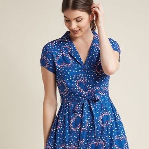 Modcloth Retro Collared Shirt Dress in Blue Hearts
